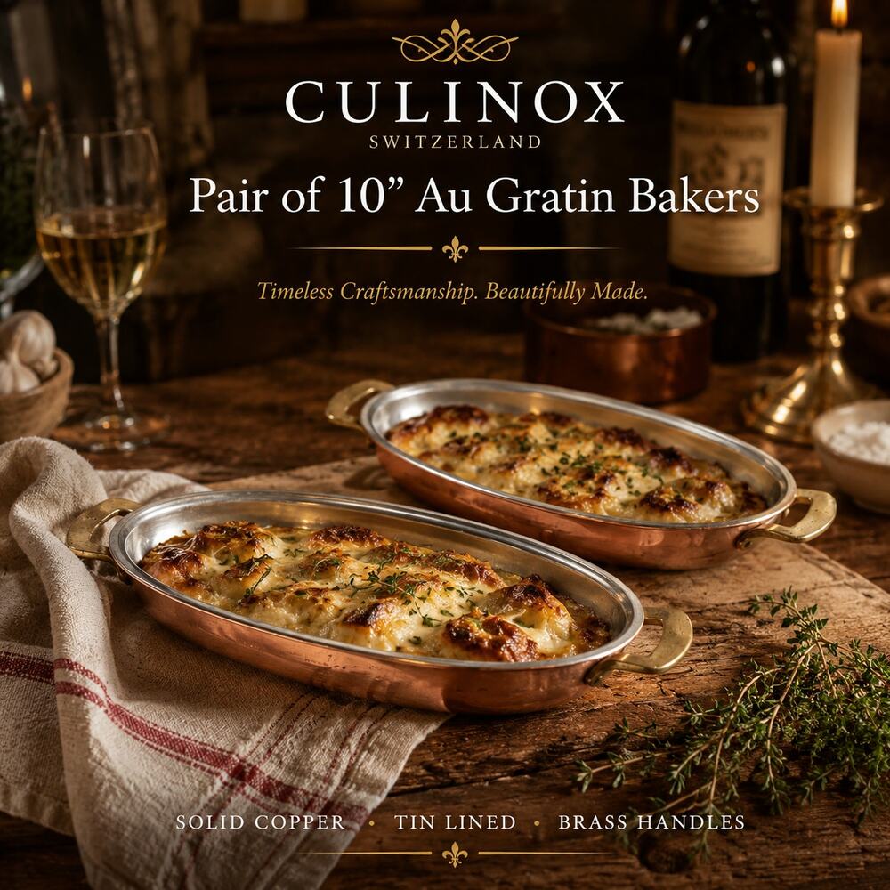 Lot 2 x Spring Culinox Copper Brass Oval Double Handle 10" Au Gratin Pans Bakers